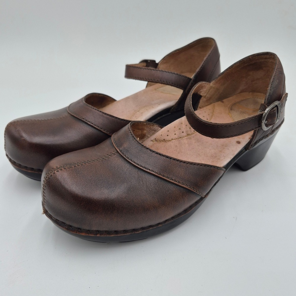 Dansko Brown Leather Mary Jane Clogs Buckle Strap Block Heel Shoes EU40 US9.5-10
